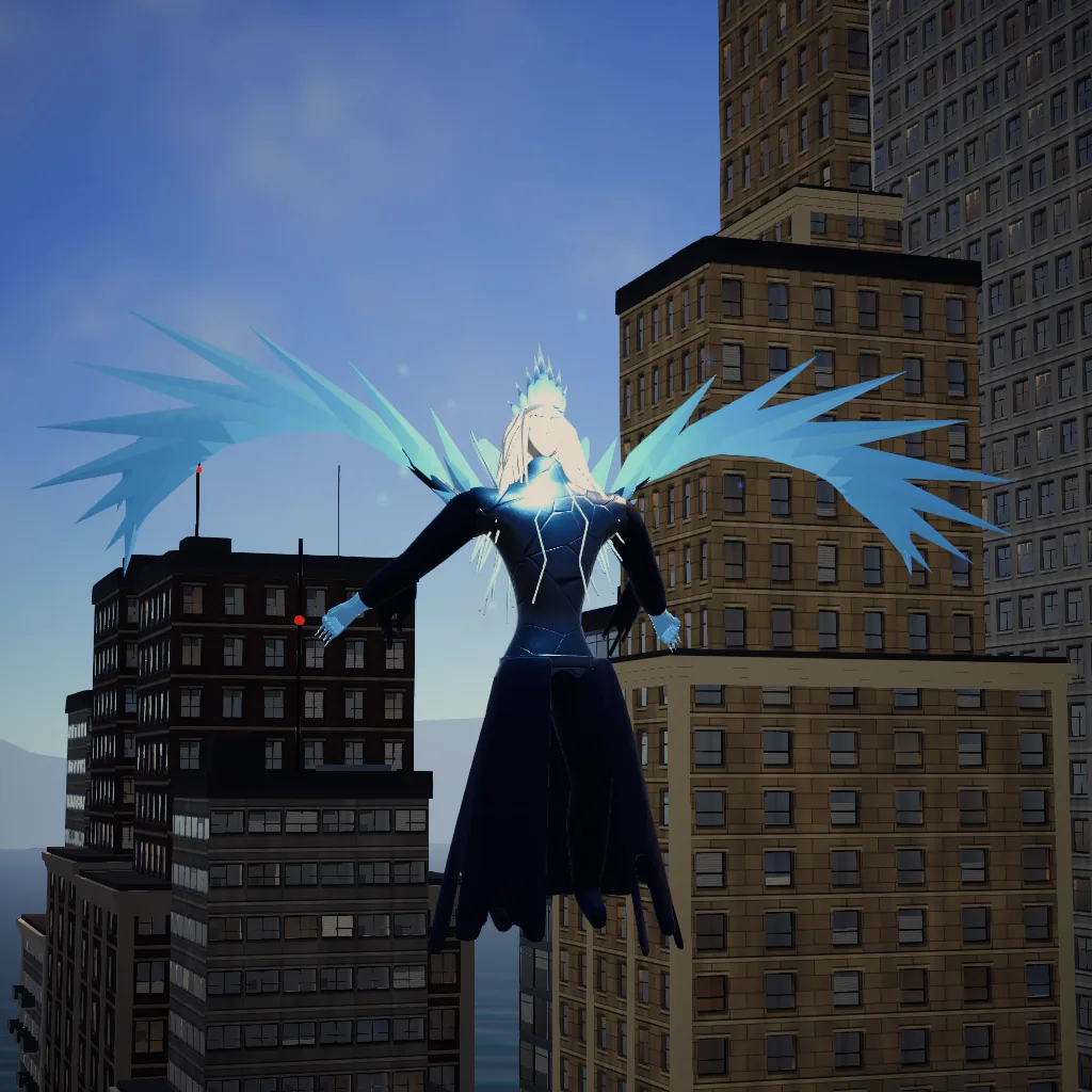The Frost Banshee, with wings of ice blades, ice-white eyes and trailing frost sparkles