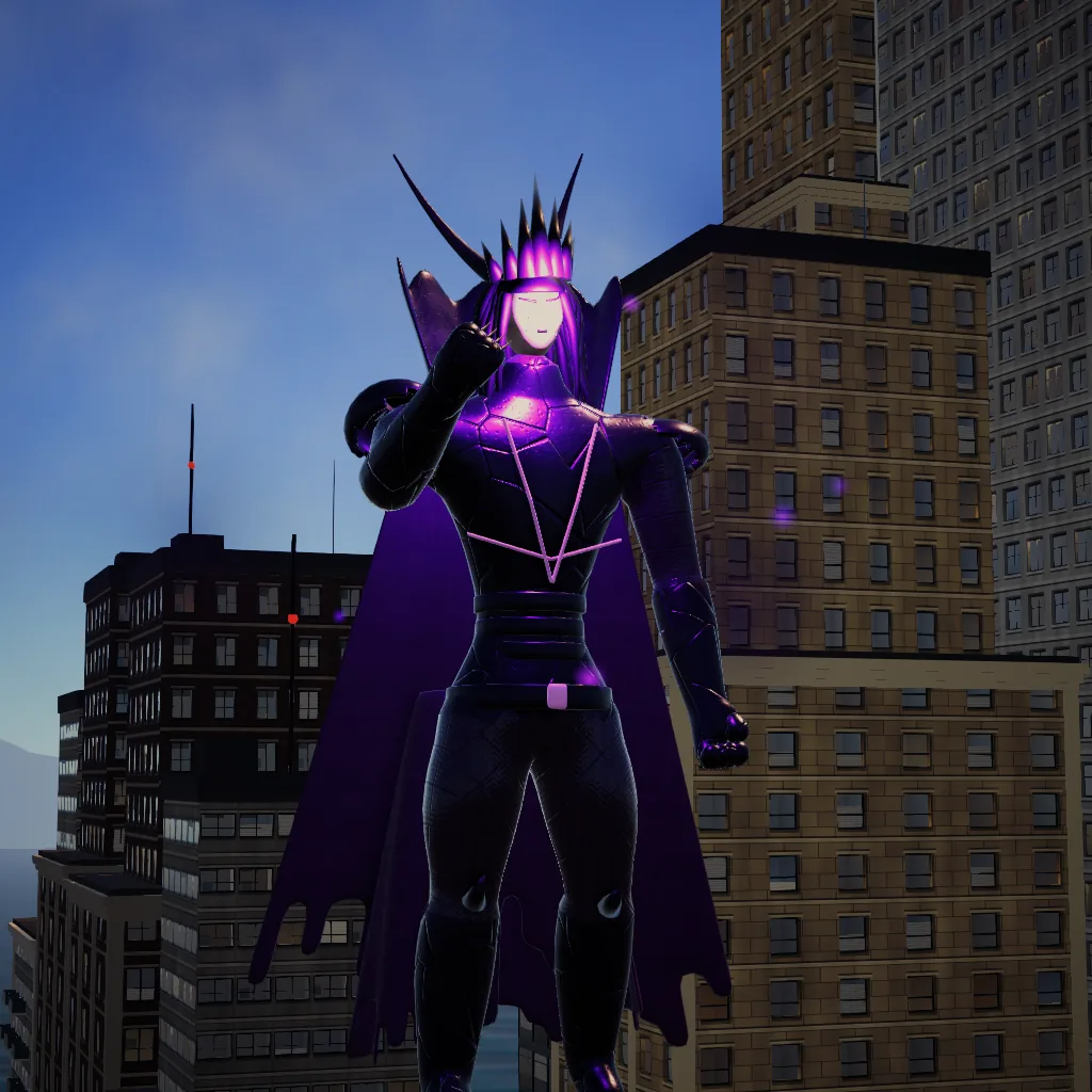 The Night Empress, a crowned villainess in obsidian armor with violet eyes and a shadow cape