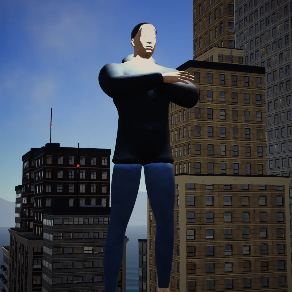 The Powerhouse in a hoodie and jeans, hovering low over a ring of dust