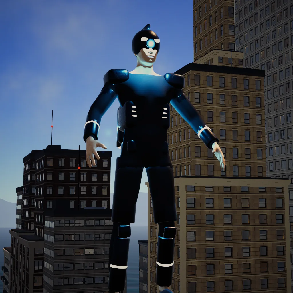 The Tech-Mecha, a towering matte-black exoskeleton with blue exhaust flames from its back vents