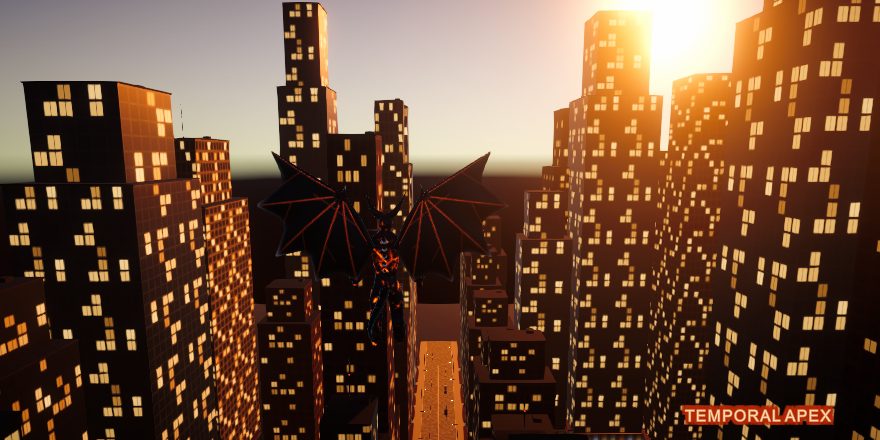 The God Demon hovering over a glowing city at sunset